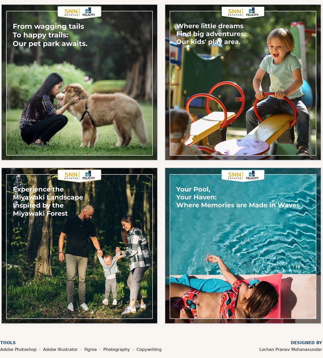 Four lifestyle creatives: a pet park, a kids' play area, a Miyawaki forest and a swimming pool, each with a short line of copy