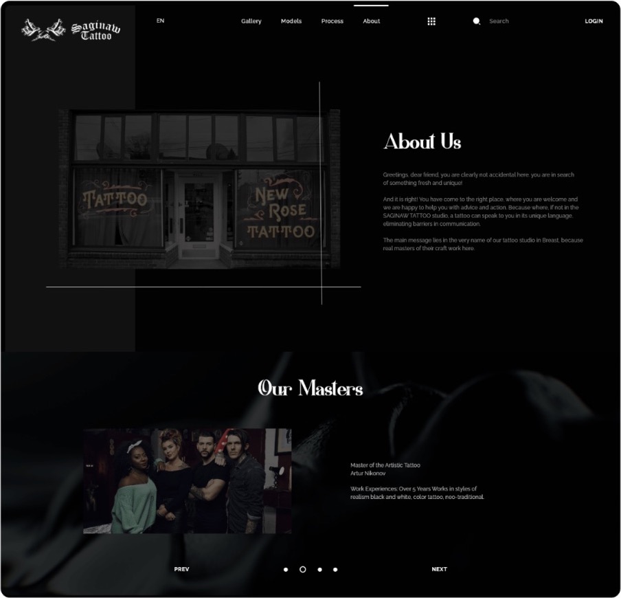 About us page with a storefront photo and an Our Masters section showing the artists