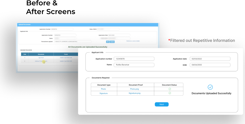 Before and after: the cluttered original upload page beside the simplified redesign