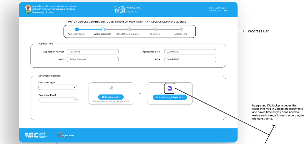 Upload documents screen with a five-step progress bar and a choice between manual upload and DigiLocker