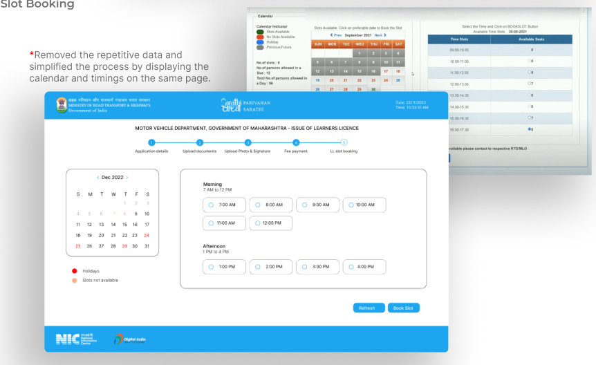 Slot booking screen with a December calendar on the left and morning and afternoon time slots on the right