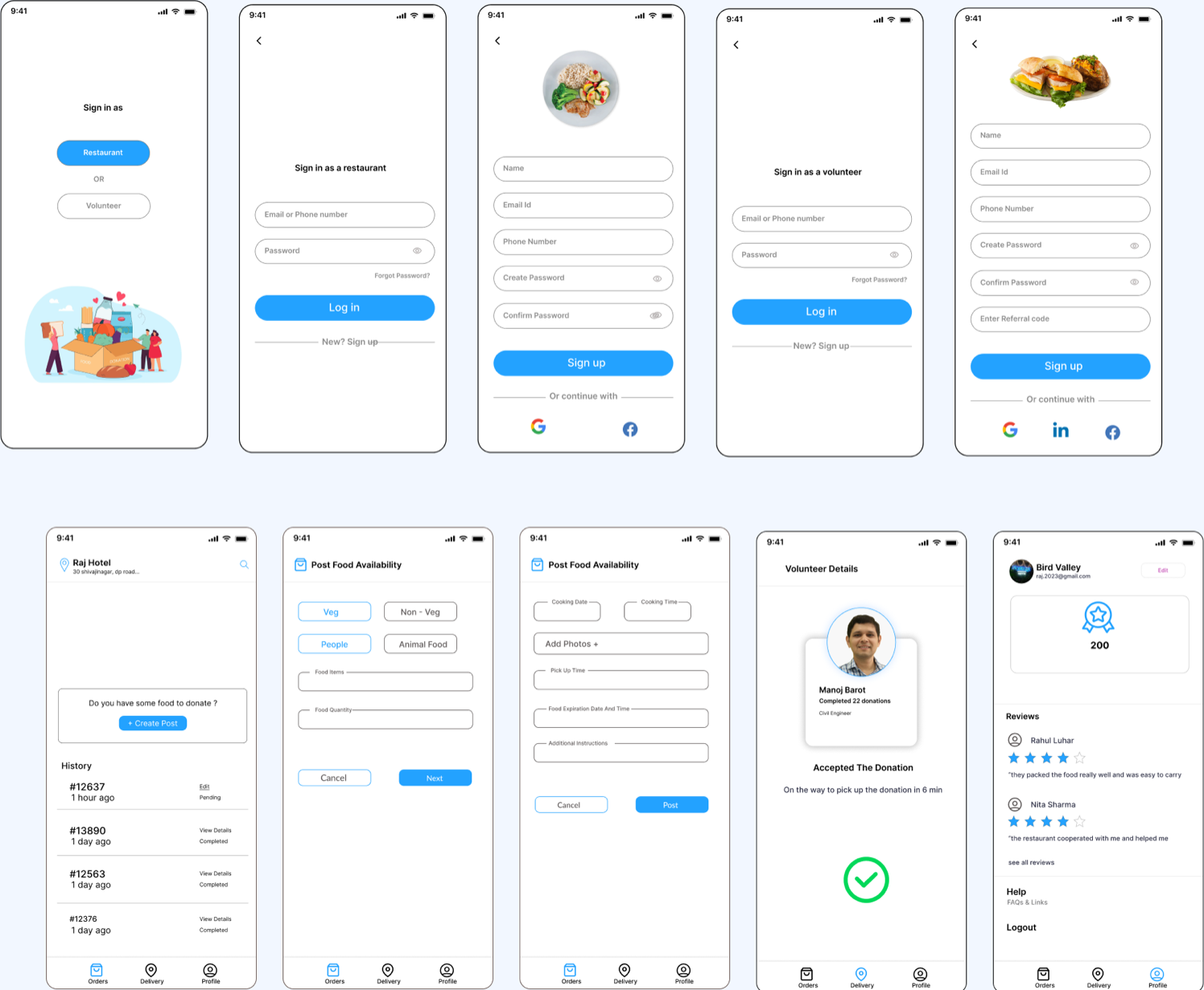 Ten SAVOR screens: sign in, restaurant and volunteer sign up, posting food availability, volunteer details, restaurant profile with reviews