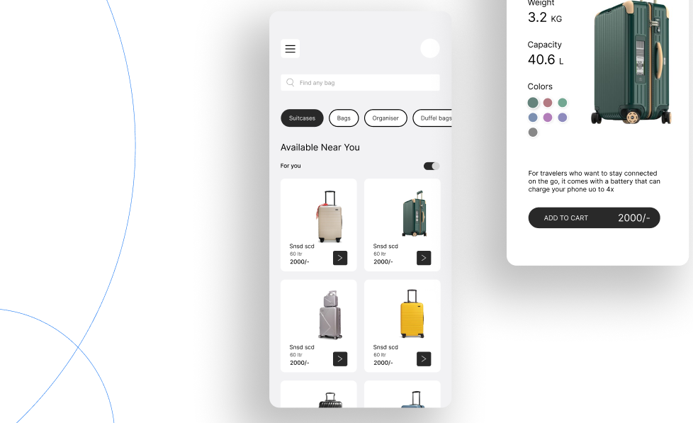 Home page listing suitcases available nearby and a product page for a carry-on with weight, capacity and colors