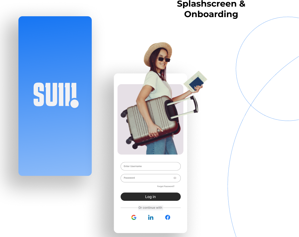 Splash screen with the SUII wordmark and a login screen with a photo of a traveler holding a suitcase