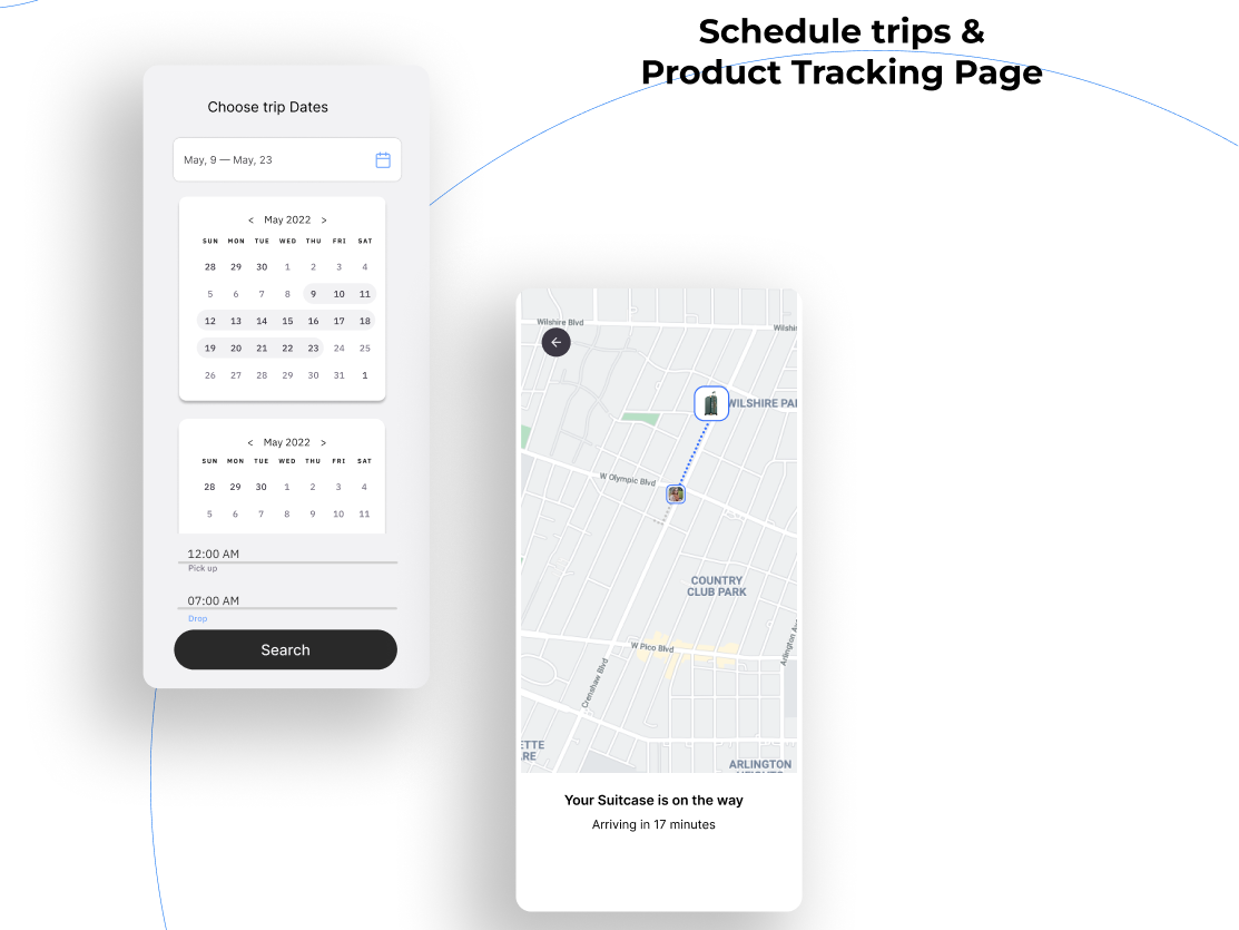 Choose trip dates screen with two calendars, and a map showing a suitcase delivery on the way