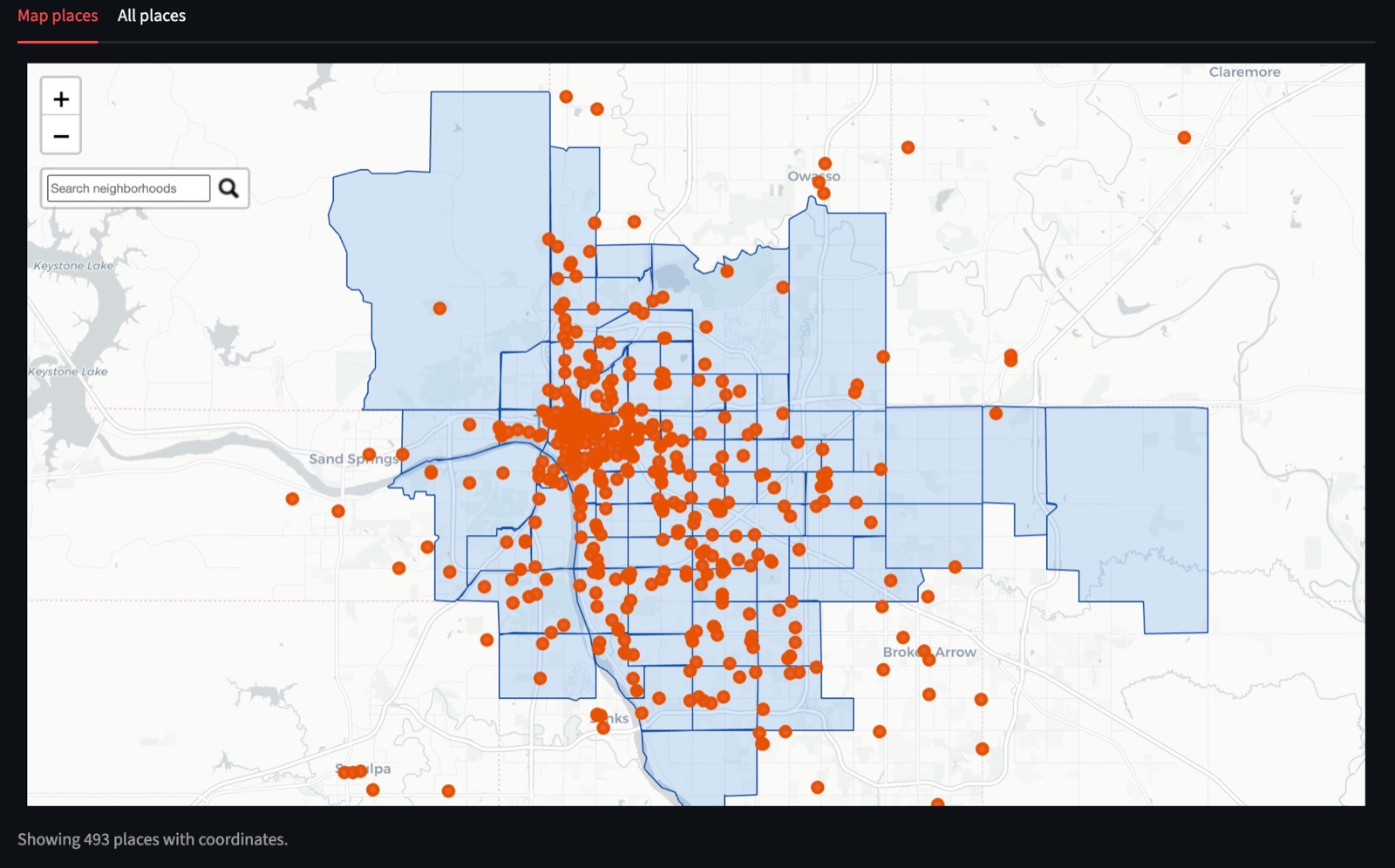 The Event Monitor places view: 493 community venues plotted as orange points across Tulsa neighborhoods